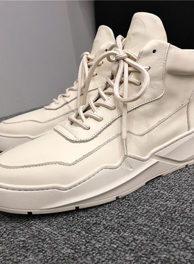 2025春季新品休闲男鞋欧美时尚拼接潮鞋不规则厚底真皮高帮板鞋男