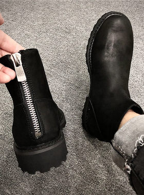 春季套脚短筒男靴子英伦复古皮靴后拉链打蜡真皮马丁靴男头层牛皮