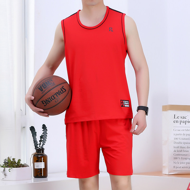 纯棉运动套装男装无袖背心短裤健身跑步训练服红色篮球服宽松球衣