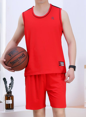 纯棉红色篮球服套装带拉链球衣男装宽松吸汗透气跑步服青年健身服