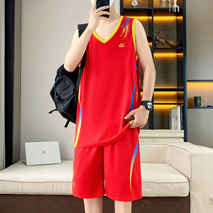 大红色篮球服套装男学生比赛训练队服冰丝速干球衣背心短裤两件套