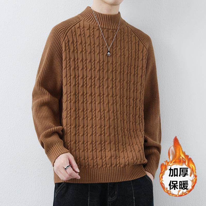 焦糖色纯棉毛衣男秋冬加厚半高领针织衫保暖中领线衣宽松棉线上衣
