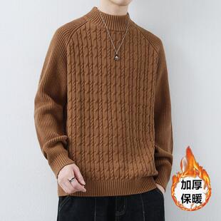 焦糖色纯棉毛衣男秋冬加厚半高领针织衫保暖中领线衣宽松棉线上衣