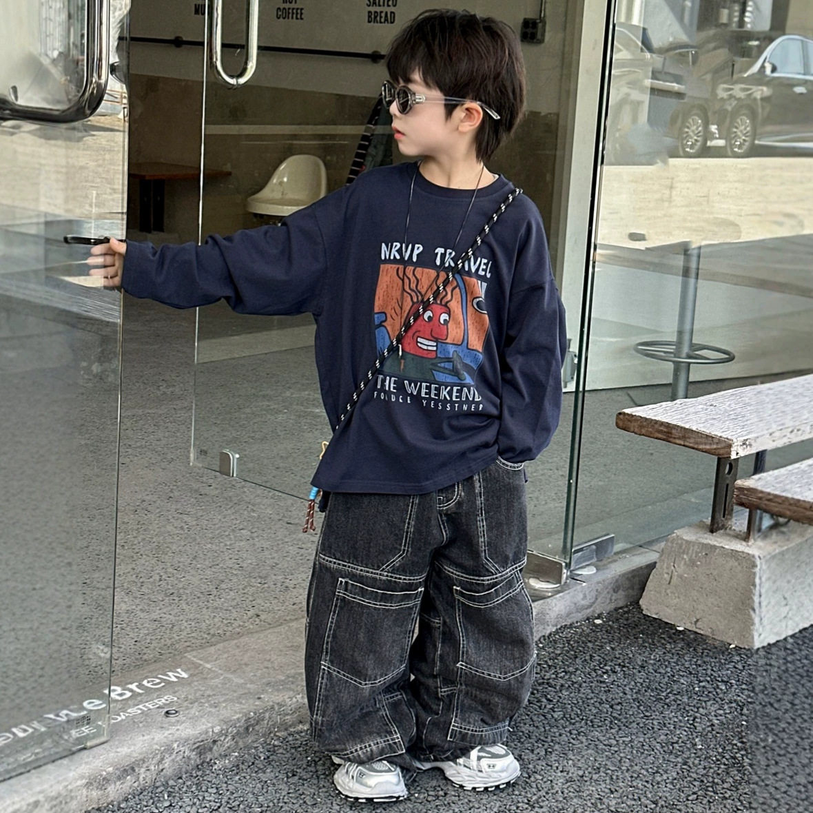 2026秋季新款男童重磅前短后长开叉卡通长袖T恤中大童T