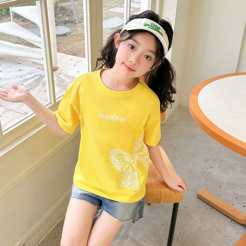LAVI夏季女童短袖T恤新款蝴蝶结印花风格女生休闲款圆领半袖中黄