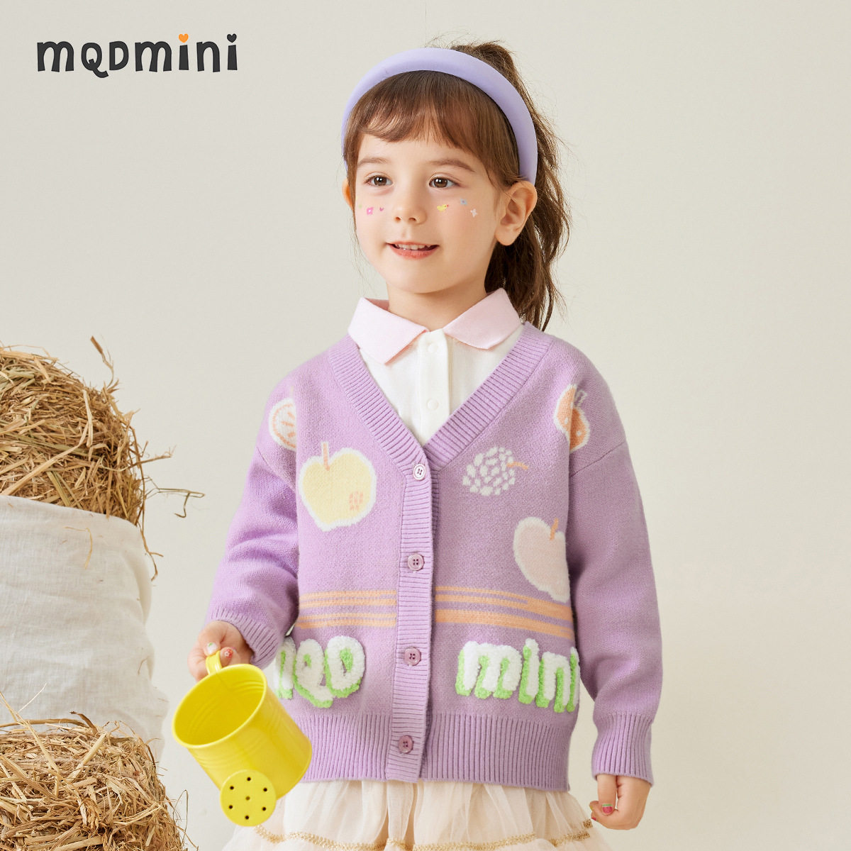 MQDmini女童针织开衫春秋季新款女孩毛衣中小童长袖宝宝V领针织衫
