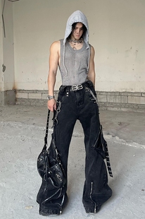 IHF“八稚”锐舞巅峰金属朋克八神裤废土巴黎重磅高级阔腿牛仔裤