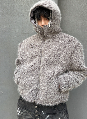 IHF“维尼熊”环保皮草男士连帽羊羔绒外套冬季保暖宽松短款夹克