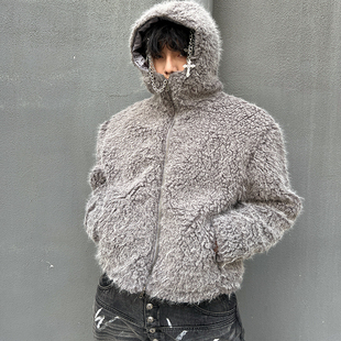 IHF“维尼熊”环保皮草男士连帽羊羔绒外套冬季保暖宽松短款夹克