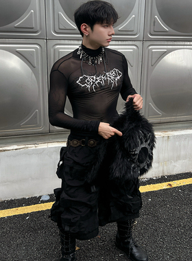 IHF“JILUKA”暗纹透视网纱修身打底高领JPG风亚文化超显瘦长袖T