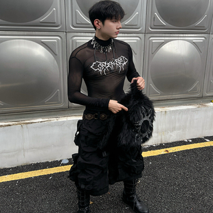 IHF“JILUKA”暗纹透视网纱修身打底高领JPG风亚文化超显瘦长袖T