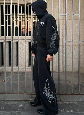 IHF“35度灰”2025春季图腾印花巴黎日系亚文化连帽宽松卫衣套装
