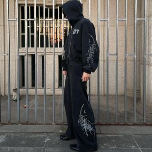 IHF“35度灰”2025春季图腾印花巴黎日系亚文化连帽宽松卫衣套装