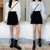 高腰纯色a字短裙开叉包臀显瘦工作半身裙 时尚 百搭黑色春秋季 新品