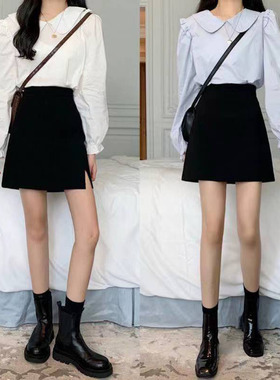 百搭黑色春秋季新品时尚高腰纯色a字短裙开叉包臀显瘦工作半身裙