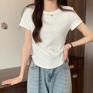 纯色螺纹短款套头T恤女短袖2023年春夏新款修身显瘦圆领打底衫上