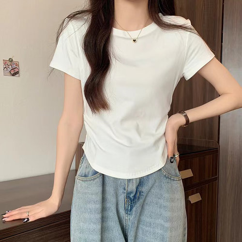 纯色短款T恤女短袖泡泡春夏季新款显瘦修身圆领抽绳打底小衫上衣