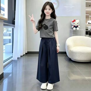女童印花猫咪短袖套装夏季2026新款洋气休闲圆领T恤女孩百搭长裤