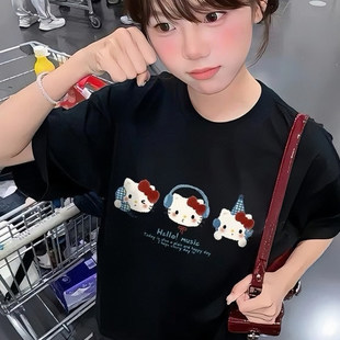 女童黑色卡通Kitty猫纯棉短袖t恤女大童2026夏季新款宽松半袖上衣
