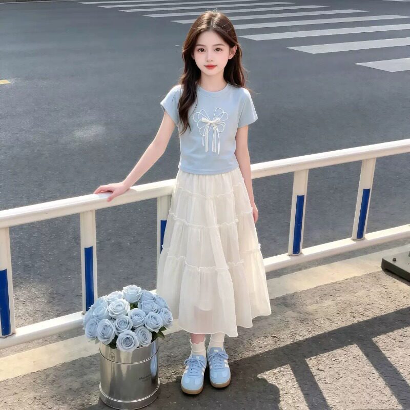 女童夏套装2026新款女大童夏装裙子韩系穿搭短袖女孩半身裙两件套