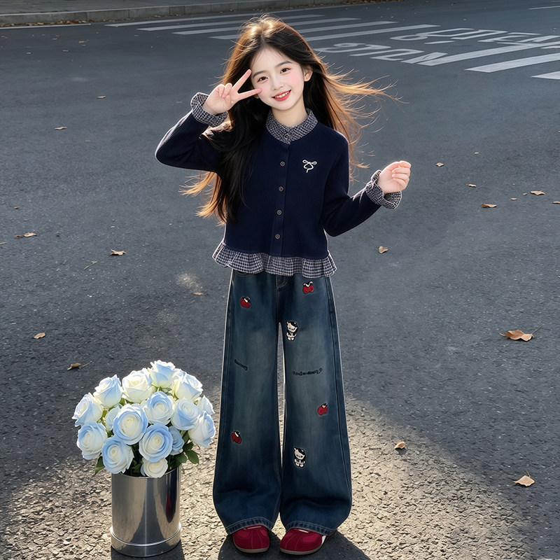 女童春秋款套装2026新款儿童假两件格子上衣大童秋季牛仔阔腿裤子