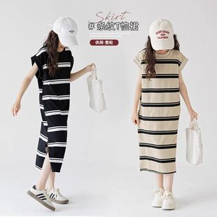 女童夏季连衣裙洋气中大童长裙韩版儿童长款T恤短袖夏装条纹裙子