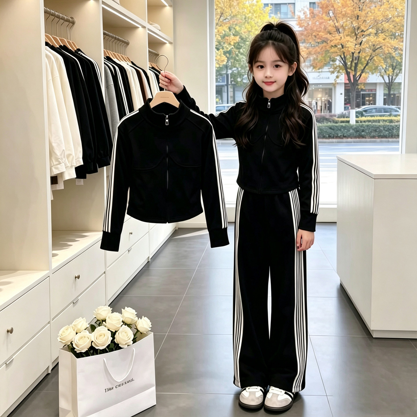女童黑色条纹运动套装女孩两件套图片