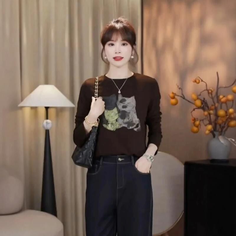 小猫印花上衣长袖T恤女欧洲站2025秋装新款欧货女装洋气打底衫潮