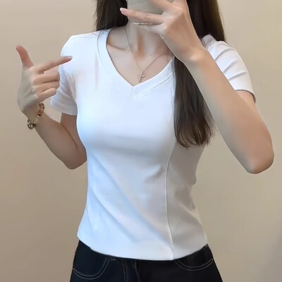 纯棉V领鱼骨正肩短袖t恤女春夏季2025新款修身打底衫内搭显瘦上衣