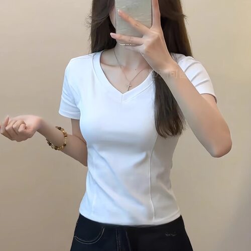 2026爆款纯棉V领鱼骨正肩显瘦短袖t恤女夏季修身设计感打底衫上衣