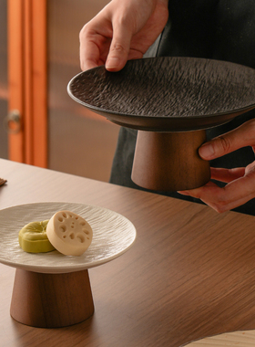 新中式实木高脚陶瓷果盘糕点盘点心甜品台果盘子水果餐厅摆放装饰