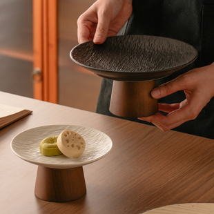 新中式实木高脚陶瓷果盘糕点盘点心甜品台果盘子水果餐厅摆放装饰