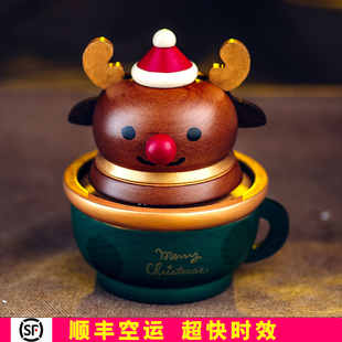 Jeancard音乐盒绿杯麋鹿手工木质八音盒旋转圣诞节送女生儿童孩子