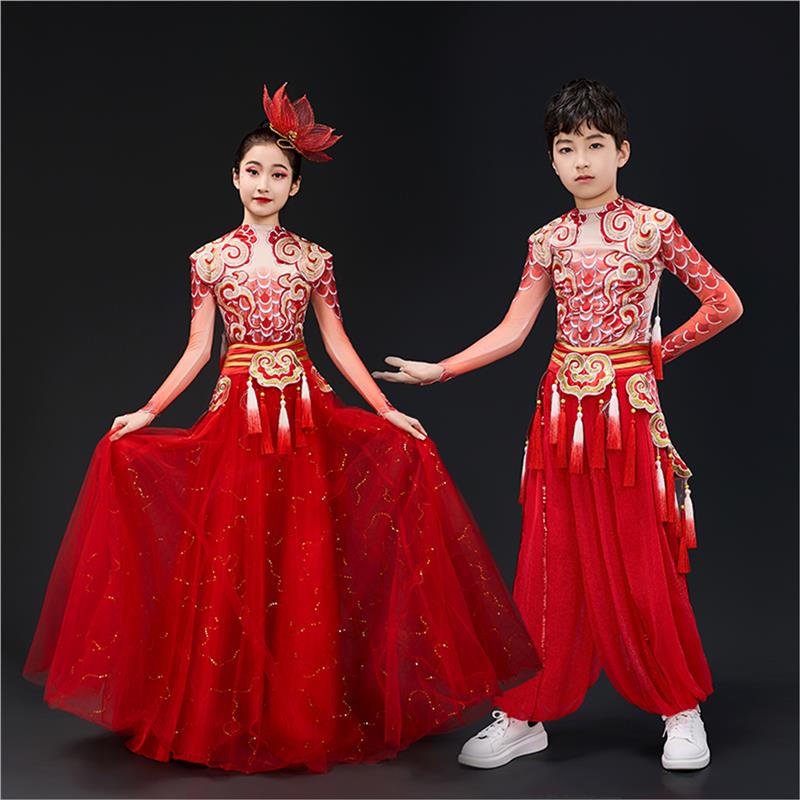 服装舞蹈表演少年打鼓中国雄狮演出服龙服儿童服舞狮六一服舞龙风