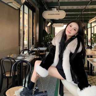 冬季 年轻皮草外套 新款 水貂皮外套女翻领大门襟狐狸毛领黑色短款