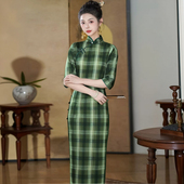 袖 妈妈装 平时可穿春秋 女复古修身 七分袖 国风中式 格子旗袍2025新款