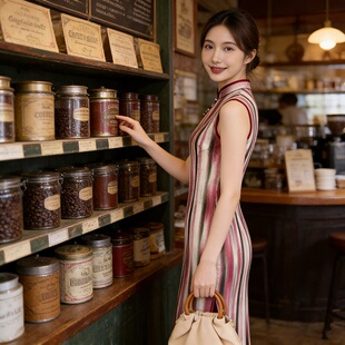 派对条纹立领收腰国风长款 夏季 连衣裙女 条纹改良旗袍女无袖 琴音