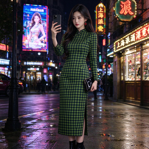 网红款秋冬长袖改良日常长款旗袍