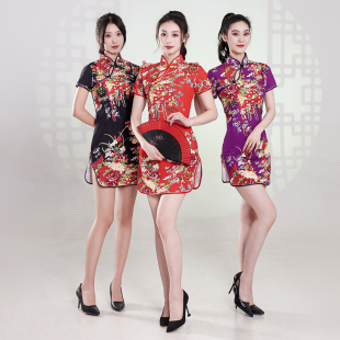 斜滴水领短旗新中国风孔雀花卉改良演出旗袍复古时尚 走秀优雅 修身