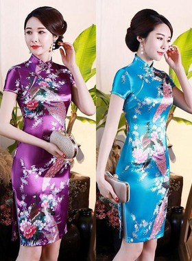 时尚旗袍2021春夏长款短袖复古演出服妈妈大码改良版连衣裙中国风