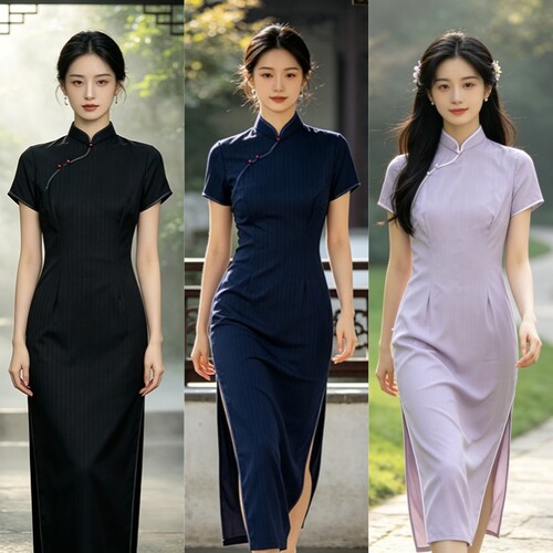 简约条纹旗袍连衣裙女春夏季长款宽松显瘦小个子聚会国风裙