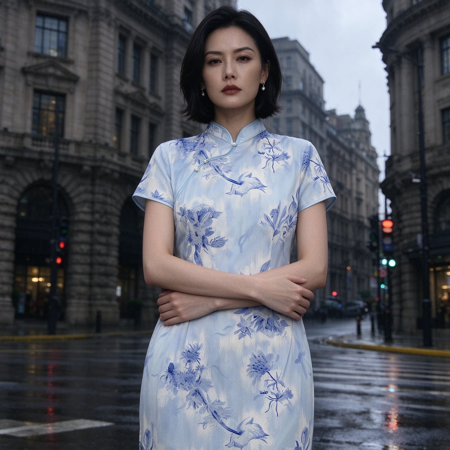 温柔大花短袖印花长旗袍女春秋夏新中式短袖开叉立领显瘦中式长裙
