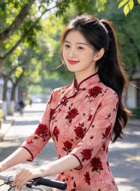 玫瑰印花秋季新款温柔风改良旗袍修身七分袖国风长款女士旗袍