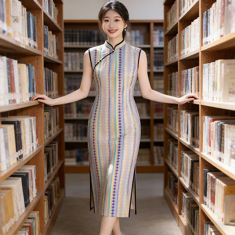 2026森系清新彩条无袖旗袍女夏季园林打卡风荷斜襟中式改良连衣裙