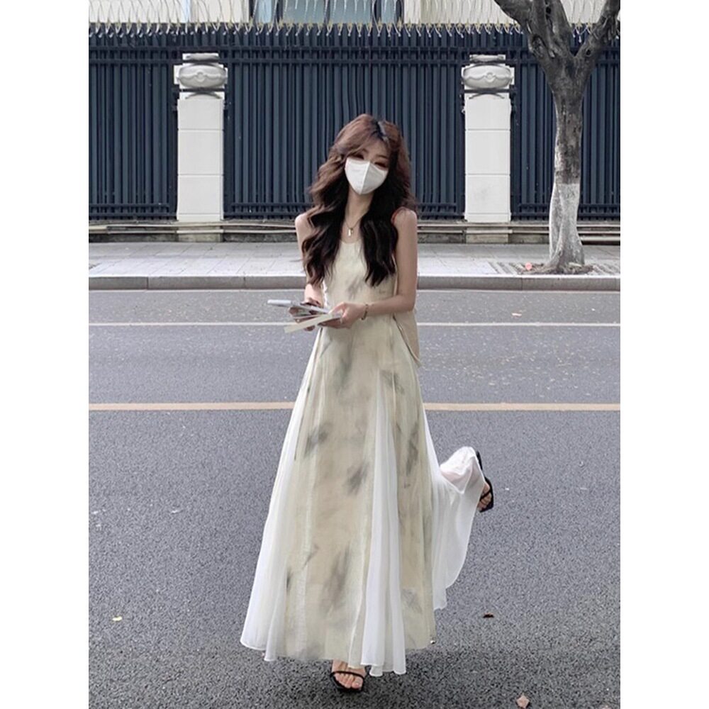 时尚纯欲风复古水墨印花吊带连衣裙女夏季显瘦大摆裙A字裙港风潮