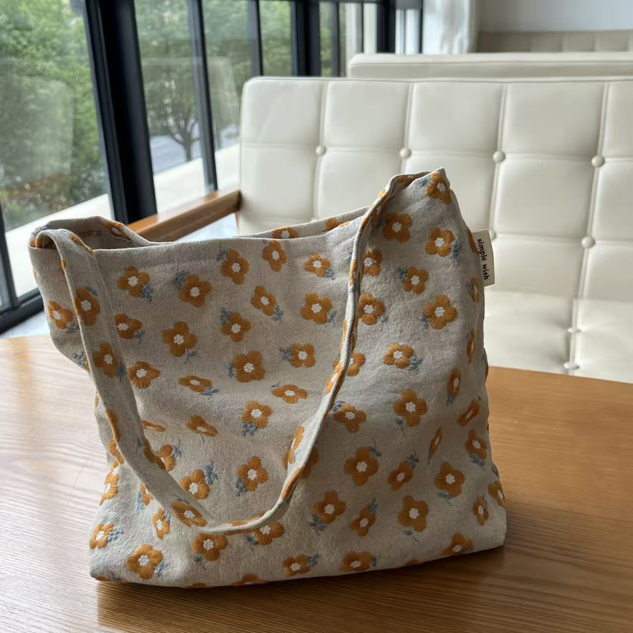 小黄花刺绣帆布腋下包大小号组合女挎包文艺素雅简约