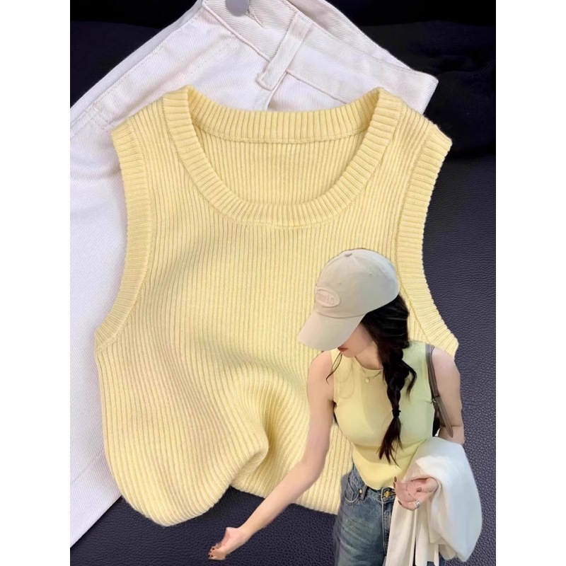 遮副乳外穿背心女夏季鹅黄色内搭修身显瘦打底上衣纯欲风针织吊带