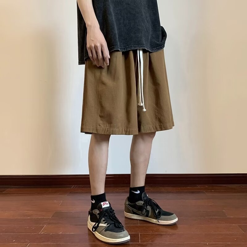 卡其色工装短裤男款夏季宽松运动休闲裤子潮牌直筒阔腿纯棉五分裤