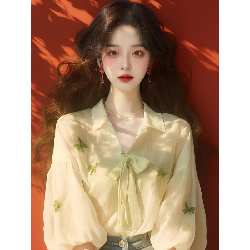 绿色印花防晒雪纺衬衫2026春秋新款女装甜美公主风独特超好看上衣