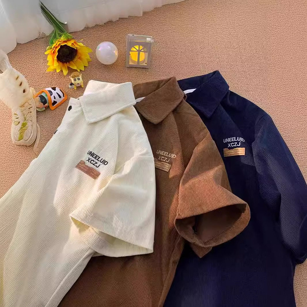 刺绣华夫格t恤男款短袖重磅翻领polo衫夏季美式潮牌宽松五分半袖